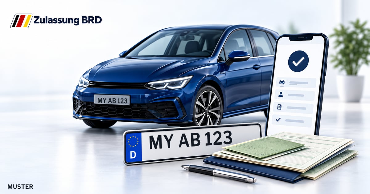 Online Fahrzeugzulassung in Mülheim-Kärlich: Musterkennzeichen MY AB 123, Auto und Fahrzeugpapiere und Smartphone. Illustration mit Logo von Zulassung BRD.